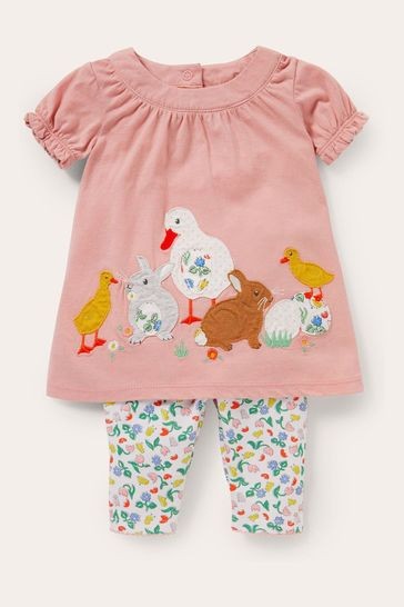 Boden Pink Appliqué Dress and Legging Set