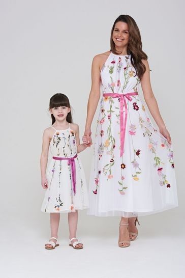 Amelia Rose Childrens White Floral Embroidered Bodice Dress