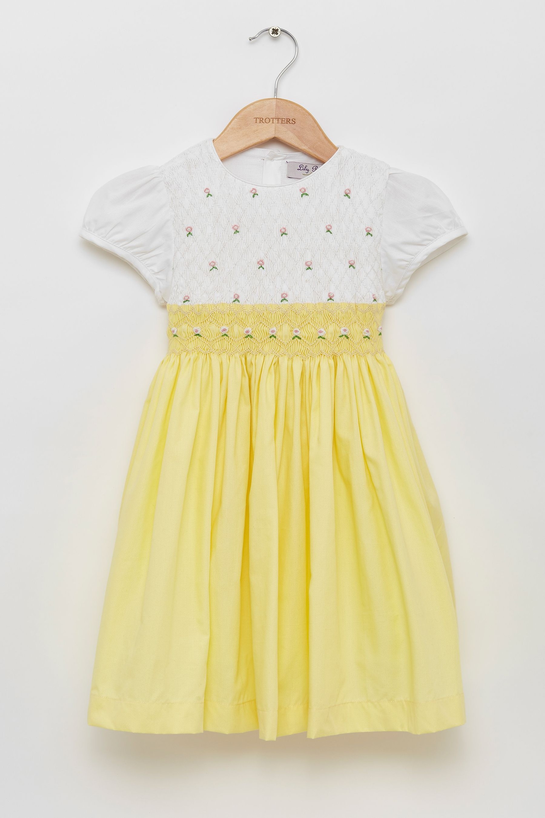 Trotters London Girls Lemon Yellow Rose Hand Smocked Dress