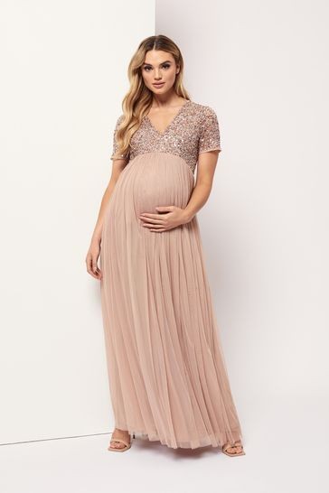 Maya Maternity Delicate Sequin Cap Sleeve Maxi Dress