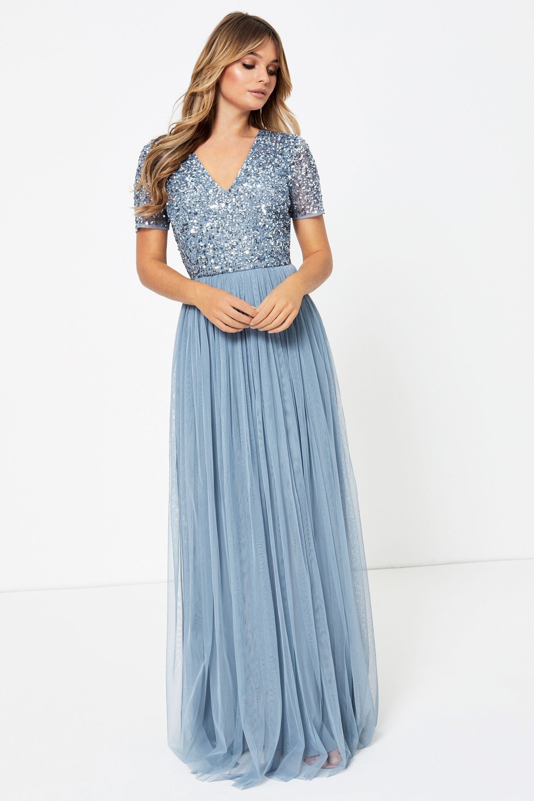 Maya V Neck Short Sleeve Sequin Maxi Dress Regular