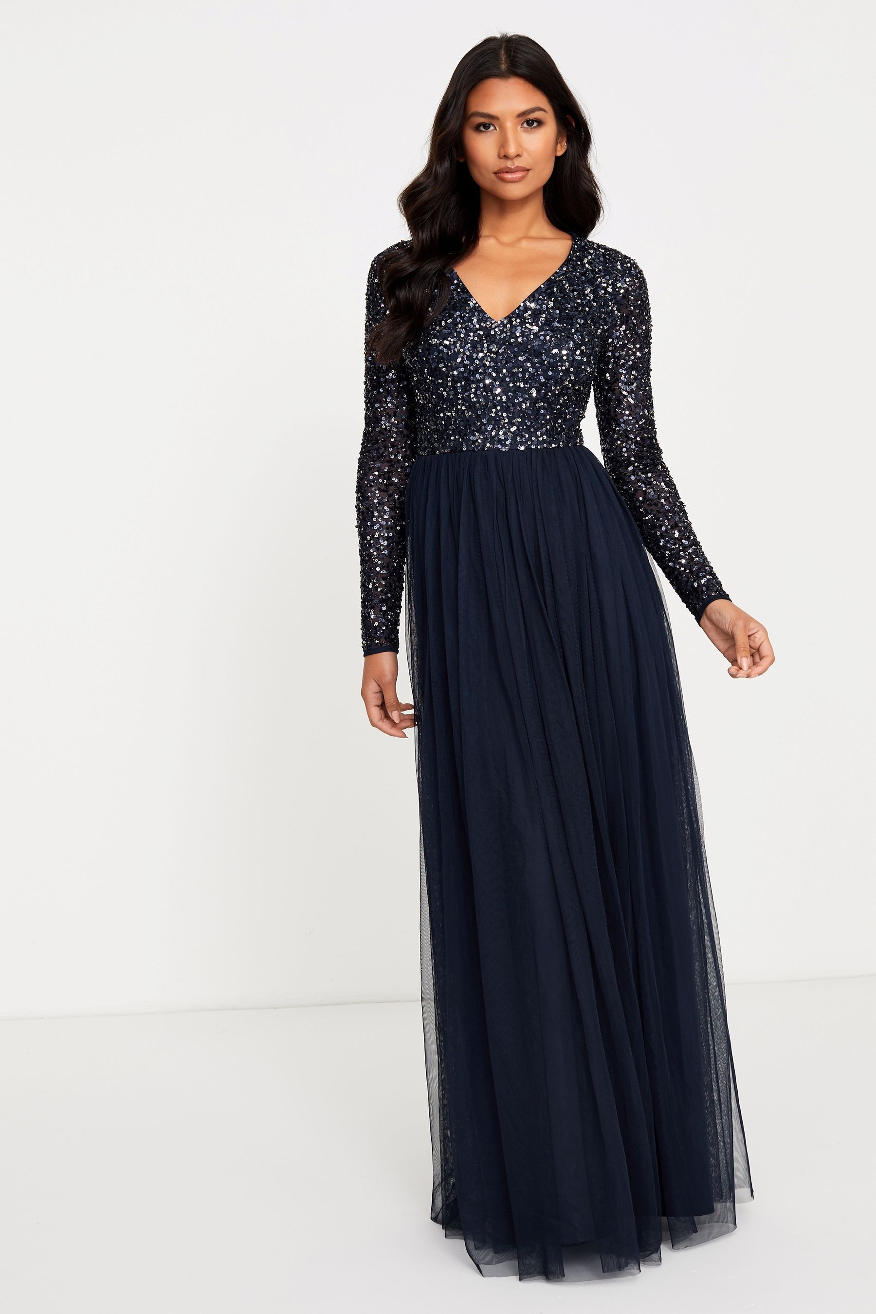 Maya V Neck Long Sleeve Sequin Maxi Dress Petite