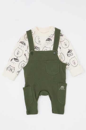 Angel & Rocket Khaki Green Tanner Woven Cord Dungarees With Printed T Shirt Set