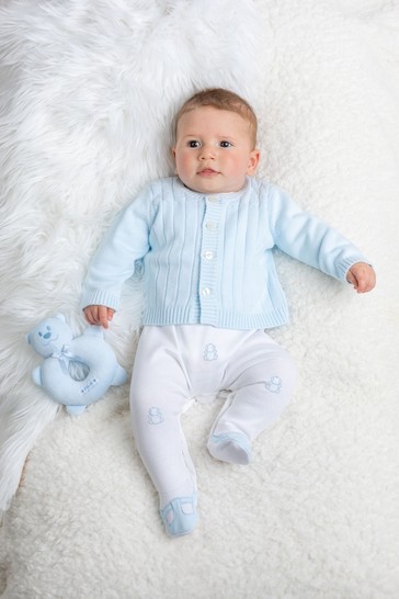 Emile et Rose Blue All-In-One With Bear Embroidery & Cardigan