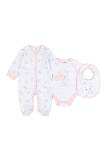 Looney Tunes White Tweety Sleepsuit, Bodysuit And Bib Set