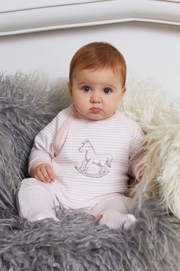 The Little Tailor Pink Stripe Jersey Rocking Horse Sleepsuit