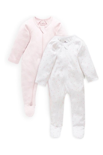 Purebaby Pink Organic Cotton Zip Growsuits 2 Pack