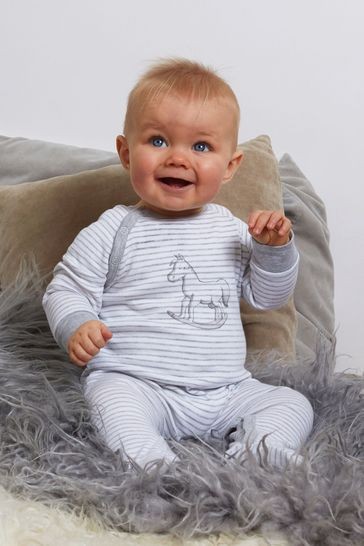 The Little Tailor Grey Stripe Jersey Rocking Horse Sleepsuit