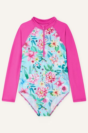 Monsoon Blue Floral Print Sunsafe Long Sleeve Swimsuit