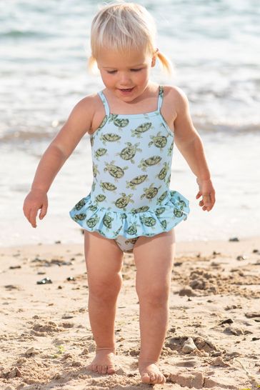 Trotters London Girls Blue Little Turtle Peplum Swimsuit