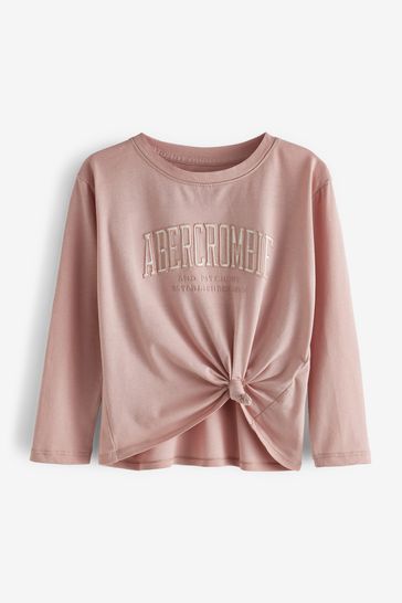 Abercrombie & Fitch Pink Long Sleeve Tie Front Logo T-Shirt