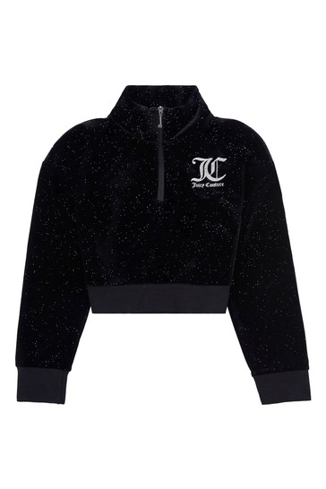 Juicy Couture Black Glitter Velour Quarter Zip Funnel Sweat Top