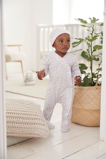 The White Company Mandy Pink Floral Frill Sleepsuit