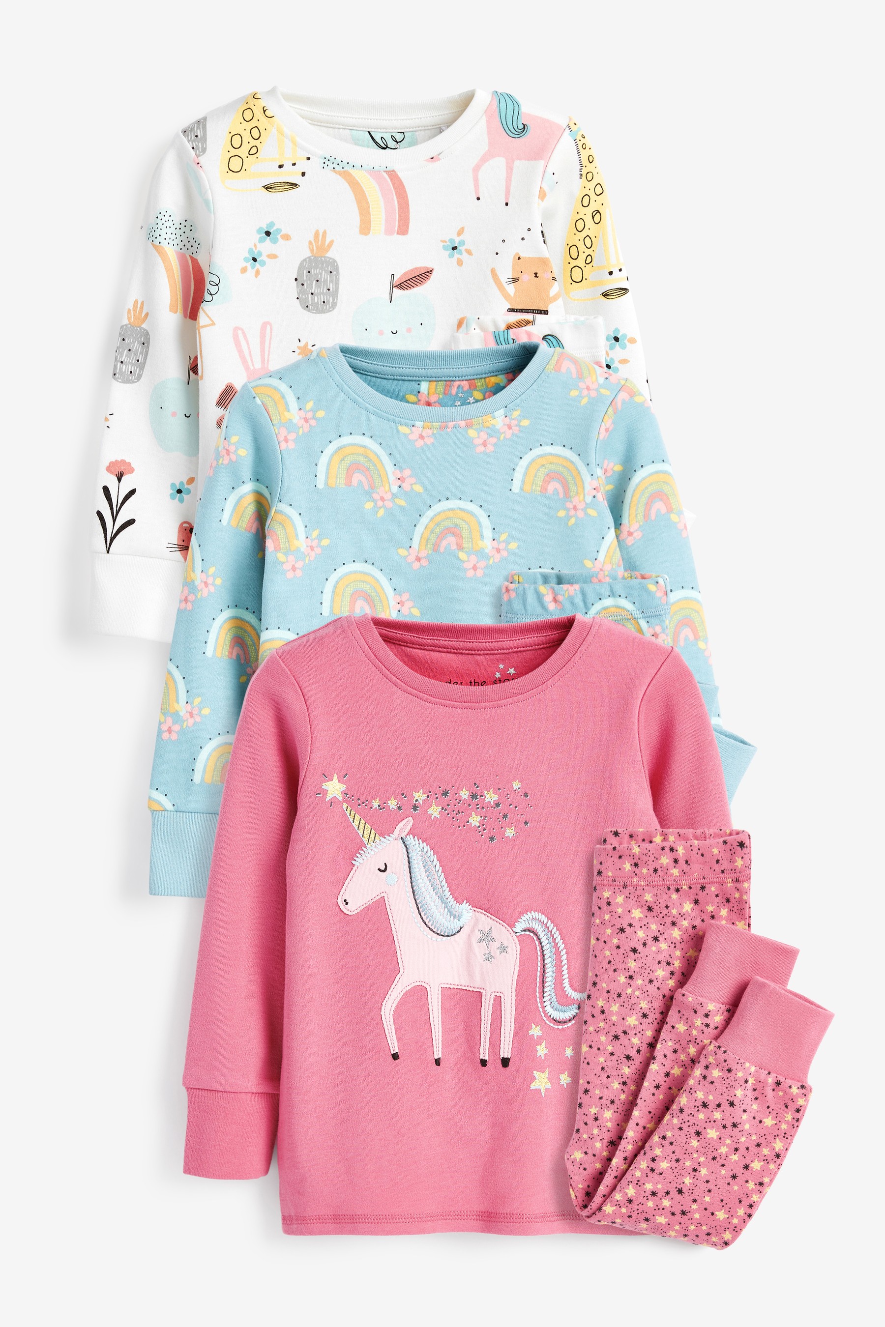 3 Pack Cotton Snuggle Pyjamas With Appliqué Unicorn (9mths-8yrs)