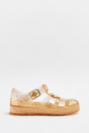 River Island Gold Yellow Mg Heart Trim Glitter Jellie Sandals