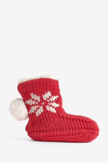 The Little Tailor Babies Red Christmas Fairisle Knitted Booties With Pom Poms