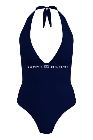 Tommy Hilfiger Womens Blue Core Solid Halter Swimsuit