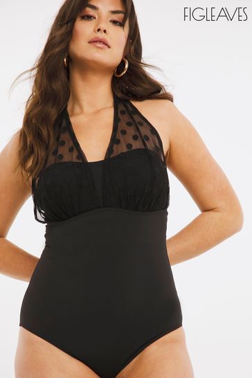 Figleaves Black Icon Spot Mesh Shaping Halter Swimswuit