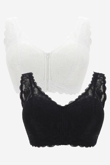 Simply Be Womens Black/White 2 Pack Lace Zip Front Comfort Top Bra