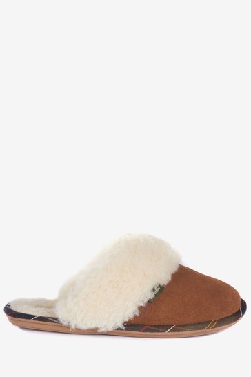 Barbour® Tan Brown Suede Faux-Fur Trim Lydia Slippers