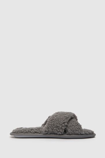 Schuh Grey Henley Borg Cross Strap Slippers