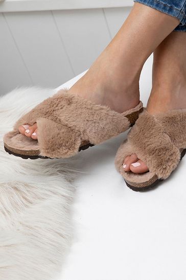 Jones Bootmaker Brown Totto Faux-Fur Slider Slippers