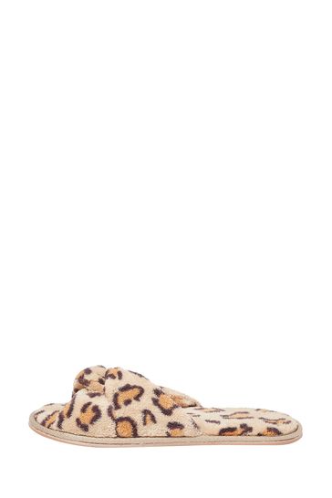 Oliver Bonas Brown Animal Print Faux Fur Knotted Slippers