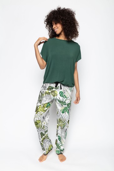 Cyberjammies Tamsin Leopard Palm Pant & Emerald Cap Sleeve Slouch  Top