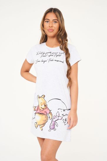 Brand Threads Ladies Official Disney Winnie The Pooh BCI Cotton Grey Nightdress Sizes XS-XL