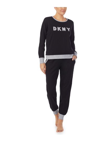 DKNY Black Signature Cotton Logo Top And Joggers Set