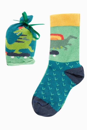 Frugi Organic Green Socks in a Bag Dinosaur