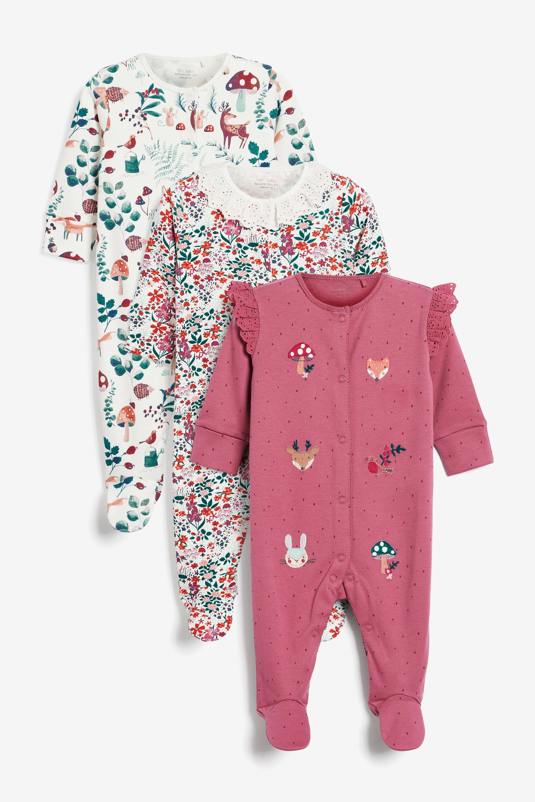 3 Pack Embroidered Detail Baby Sleepsuits (0-3yrs)