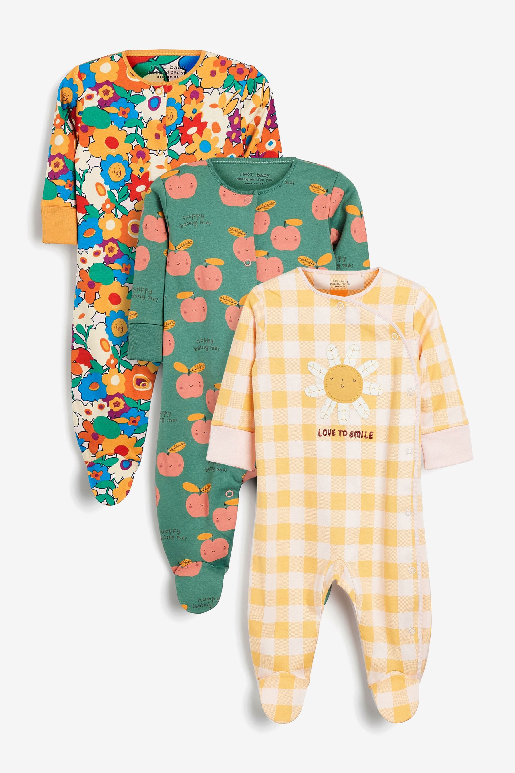 3 Pack Embroidered Detail Baby Sleepsuits (0-3yrs)