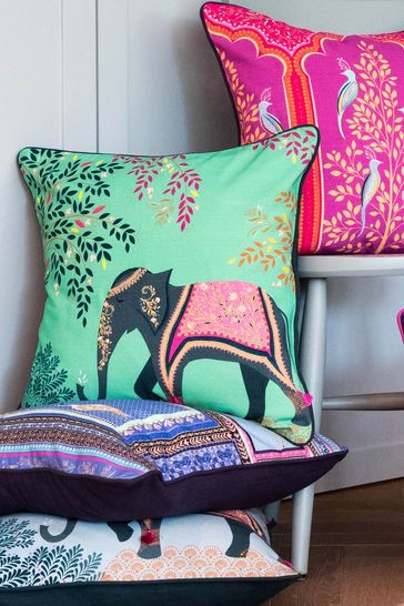 Sara Miller Embroidered Oasis Elephants Cushion