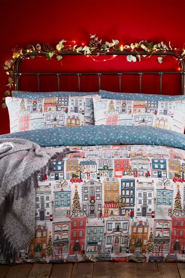 furn. Multicolour Festive Town Christmas Reversible Duvet Cover and Pillowcase Set