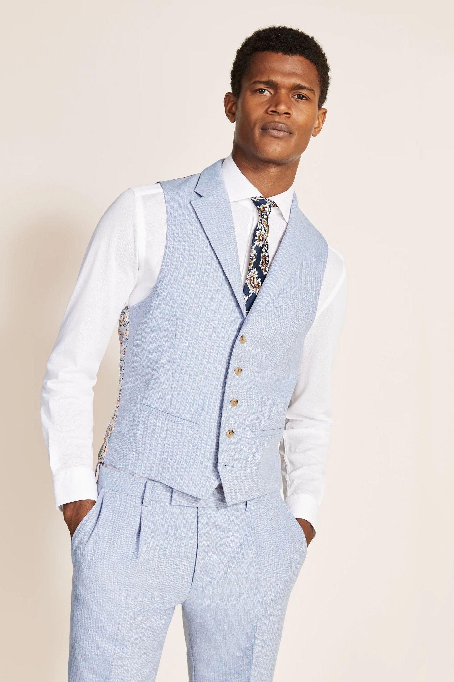 Moss Slim Fit Light Blue Tweed Waistcoat