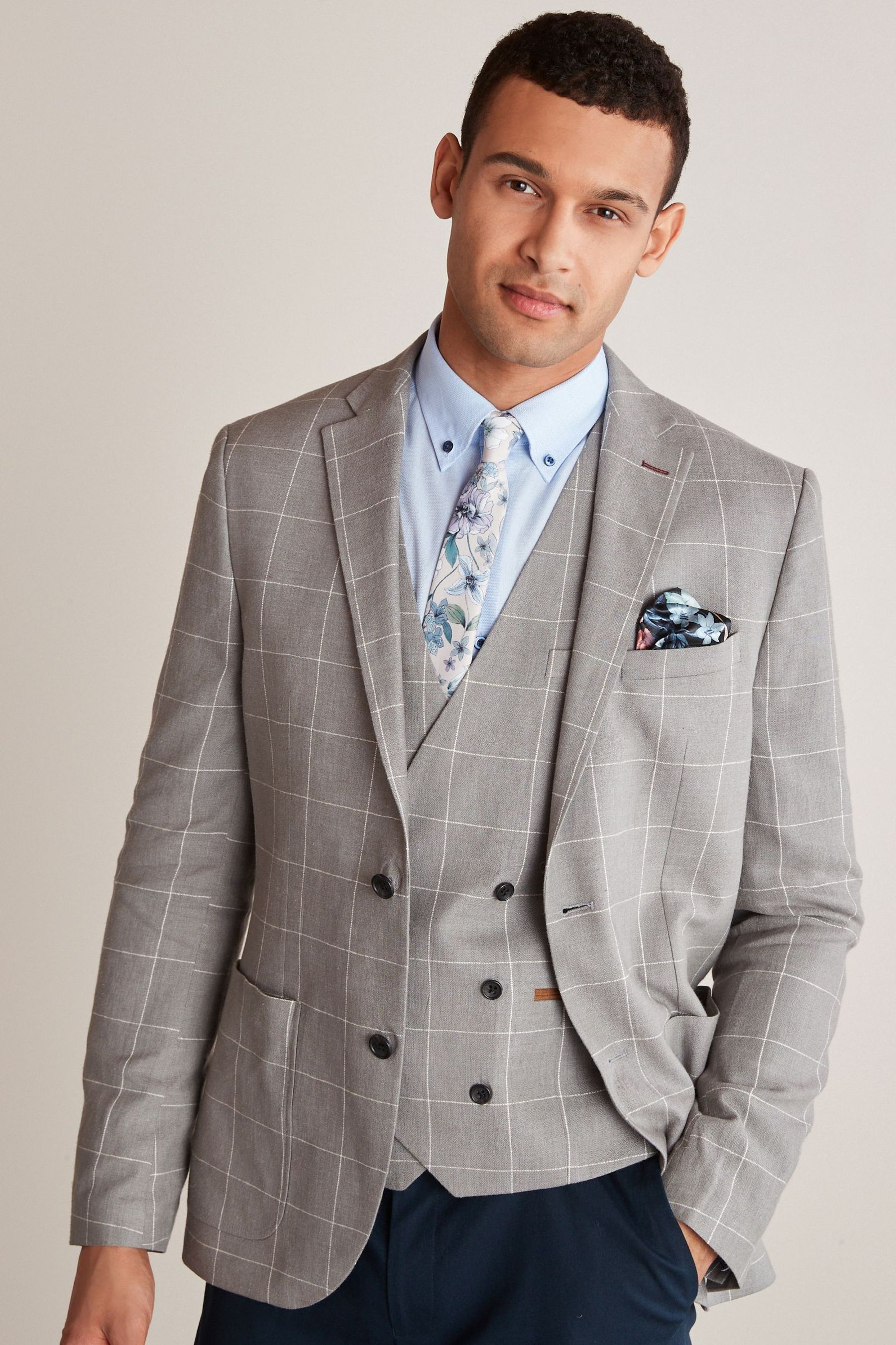 Windowpane Check Linen Blend Blazer