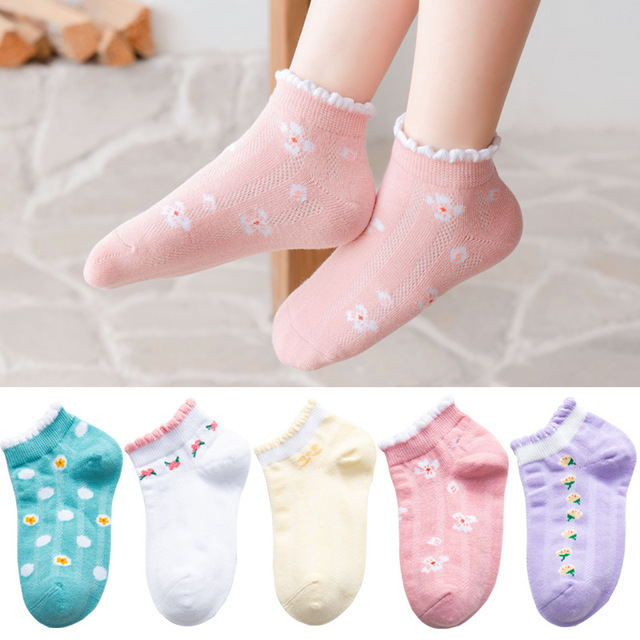 5 Pairs Girls Cotton Socks Summer Thin Mesh Breathable Cute Cartoon Children Socks Toddler Baby Girls Socks Pink 1-12 Years