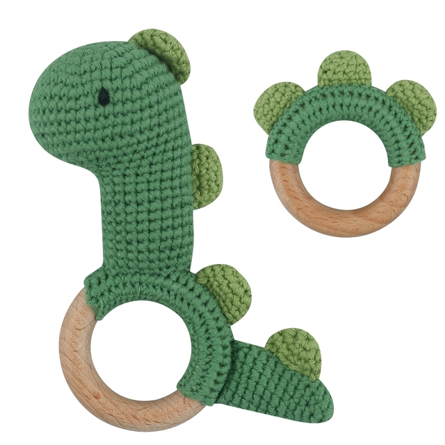 1pc or 2pcs/set BPA Free Crochet Dinosaur Baby Teether Rattle Safe Beech Wooden Teether Ring Newborn Mobile Sport Educational Toy