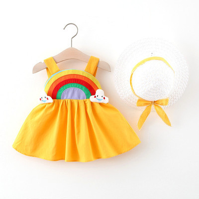 Summer Toddler Infant Girl Clothes Set Baby BeBe Beach Dresses Cute Bow Plaid Sleeveless Cotton Newborn Princess Dress+Sunhat