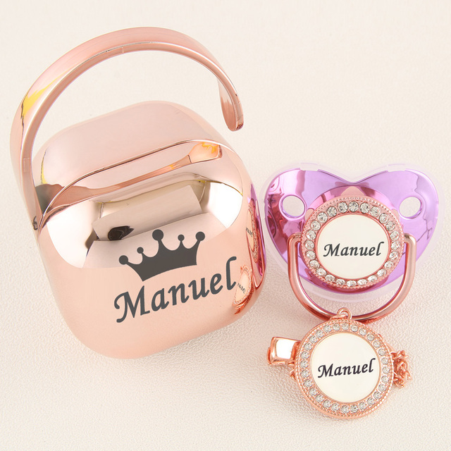 Luxury Personalized Any Name Rose Gold Bling Baby Pacifier And Clips Pacifier Box Set BPA Free Doll Soother Unique Shower Gift