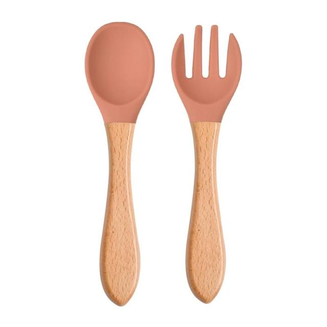 2pcs Silicone Baby Tips Feeding Training Spoon and Fork Set with Wooden Handle Toddlers Babies Eat Standalone Accessory