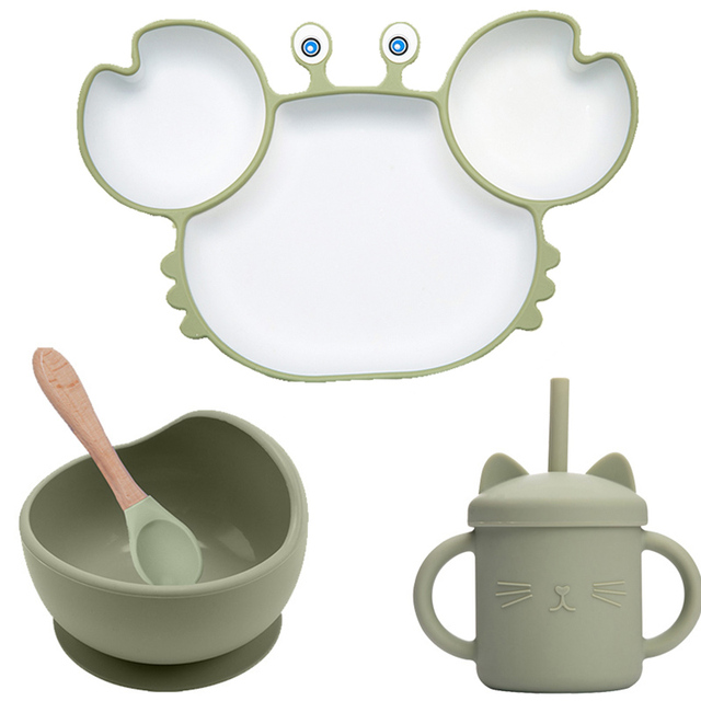 BOPOOBO Baby Dishes Silicone Suction Plate Cute Crab Children Feeding Plate Non-slip Baby Food Bowl Feeding for Kids