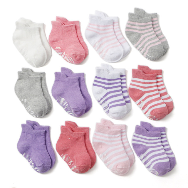 12 pairs/set kids socks baby girl anti-slip boy elastic knit cotton 1-5 years