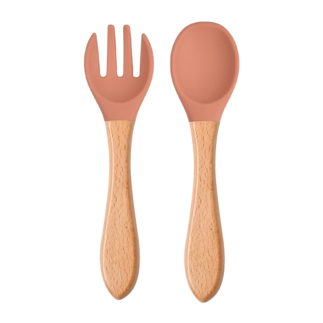 2pcs silicone tips baby feeding training spoon and fork set with wooden handle