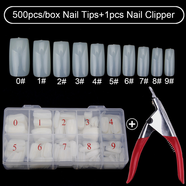 500pcs/box Clear Artificial False Nail Tips Capsule with Nails Cutter Coffin French Full Cover Fake Nails Manicure Tools