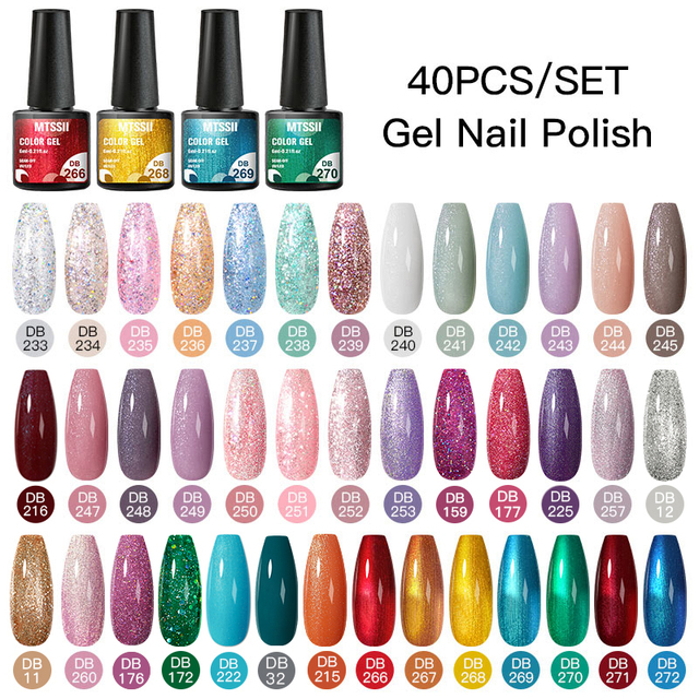 Mtssii 60pcs Color Gel Nail Polish Set Glitter Nail Sequins Gel Soak Off UV Gel Semi Permanent Base Top Gel Nail Art Salon Kits