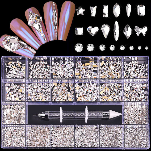 Luxury Box Shiny Diamond Nail Art Rhinestone Crystal Glass Set Decorations Set 1pcs Pick up Pen in Grids Box 21 Shapes of 2500pcs