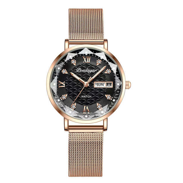 Swiss Brand POEDAGAR Women Watches Luxury Rose Gold Mesh Wristwatch Fashion Simple Waterproof Date Ladies Bracelet Watch Clock
