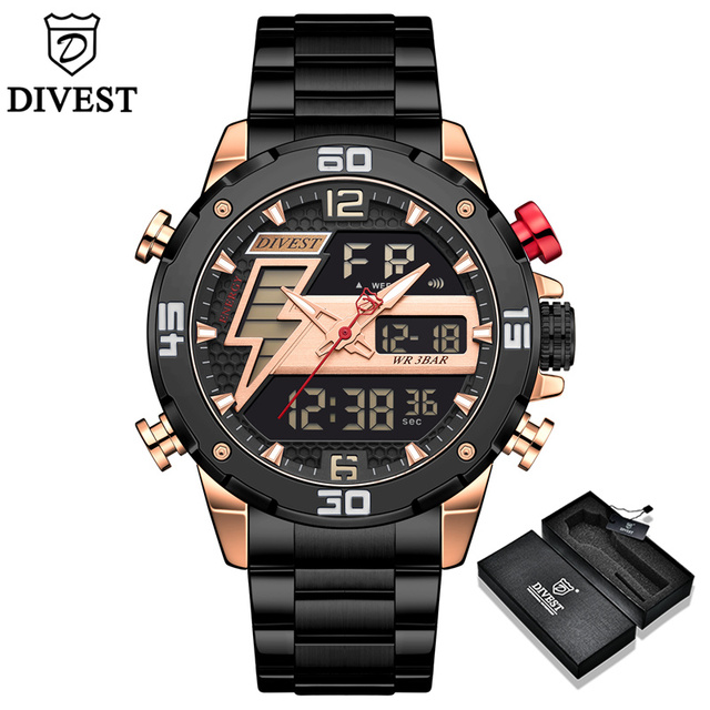 DIVEEST Authentic Gold Watch Men Luxury Brand Analog Quartz Casual Sports Watch Digital Military Chronograph Wrist Watches for Men